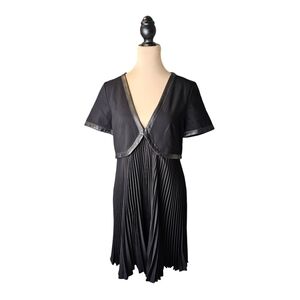 The Kooples Black Lamb Leather Trim Pleated Dress Sz 42 XL